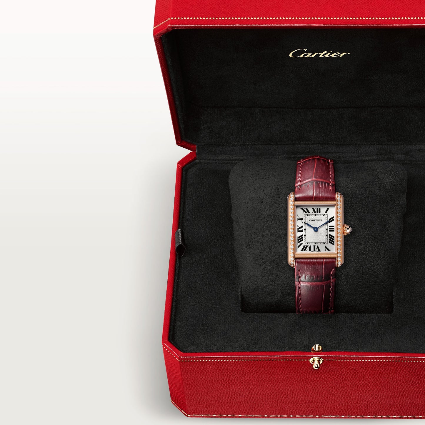 Cartier Tank Rose Gold (Small Model) 29 MM - Claret Leather Strap - Rose Gold Diamond Bezel - Silver Dial - WJTA0037