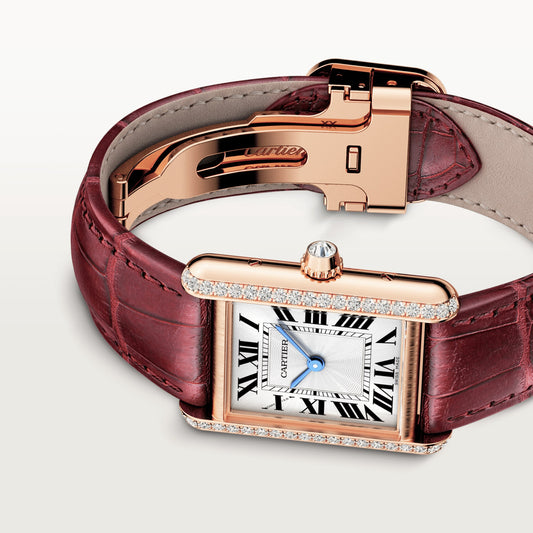 Cartier Tank Rose Gold (Small Model) 29 MM - Claret Leather Strap - Rose Gold Diamond Bezel - Silver Dial - WJTA0037