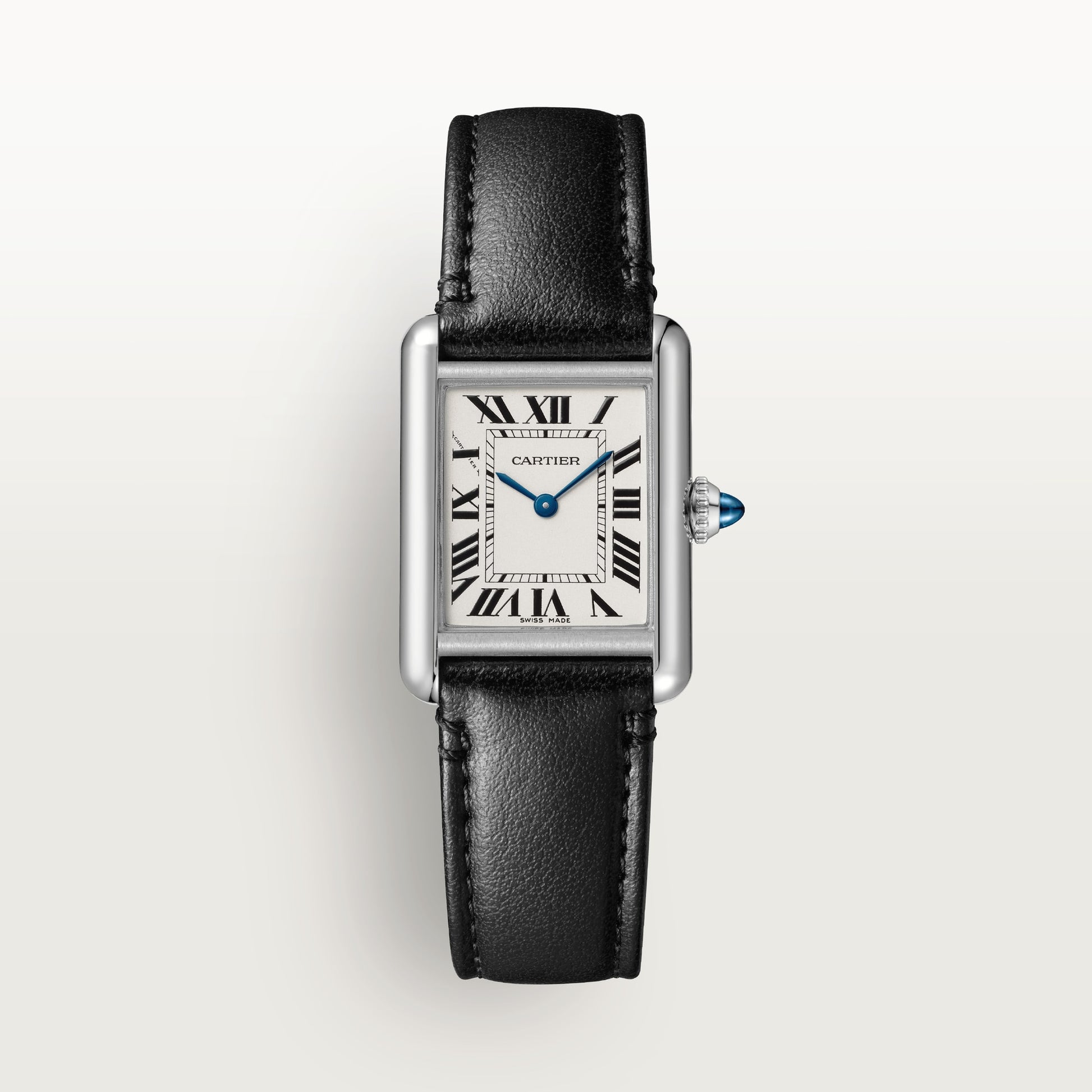 Cartier Tank Stainless Steel (Small Model) 29 MM - Black Leather Strap - Stainless Steel Bezel - White Dial - WSTA0060