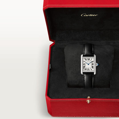 Cartier Tank Stainless Steel (Small Model) 29 MM - Black Leather Strap - Stainless Steel Bezel - White Dial - WSTA0060