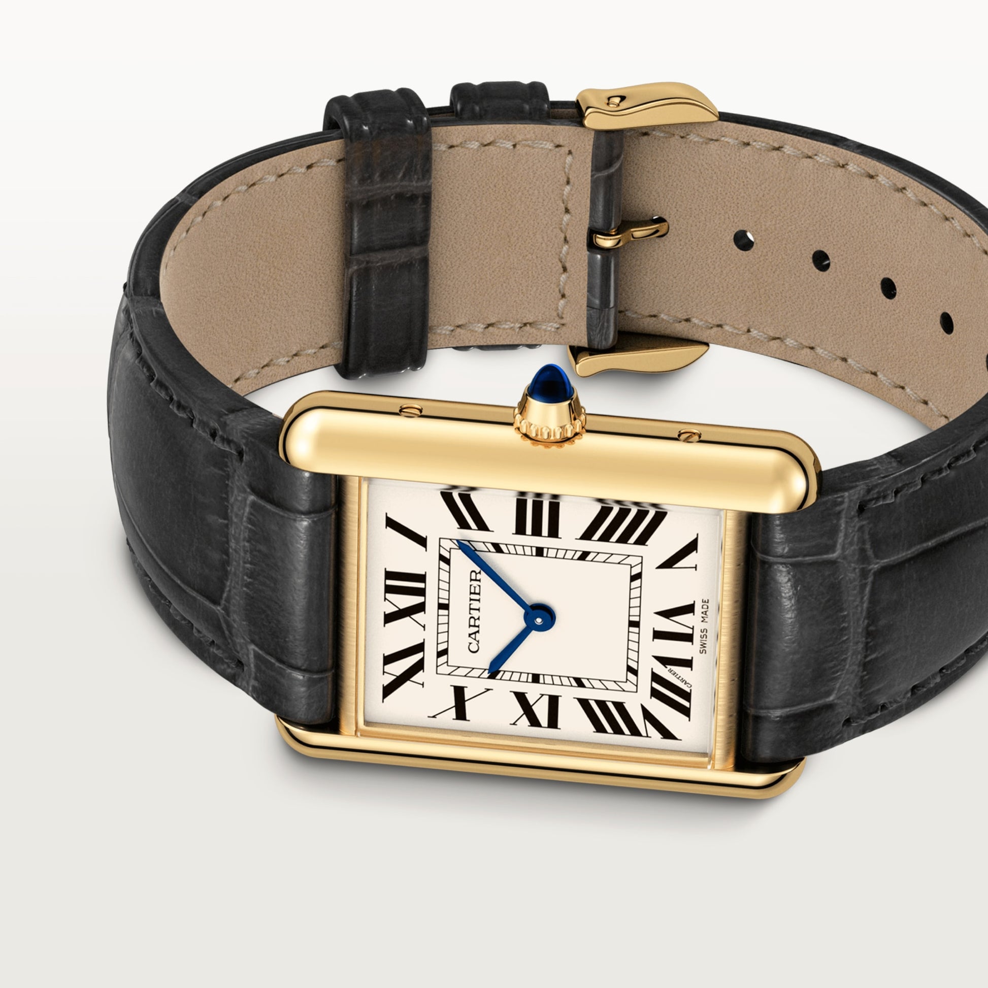 Cartier Tank Yellow Gold (Large Model) 33 MM - Dark Grey Leather Strap - Yellow Gold Bezel - Silver Dial - WGTA0067