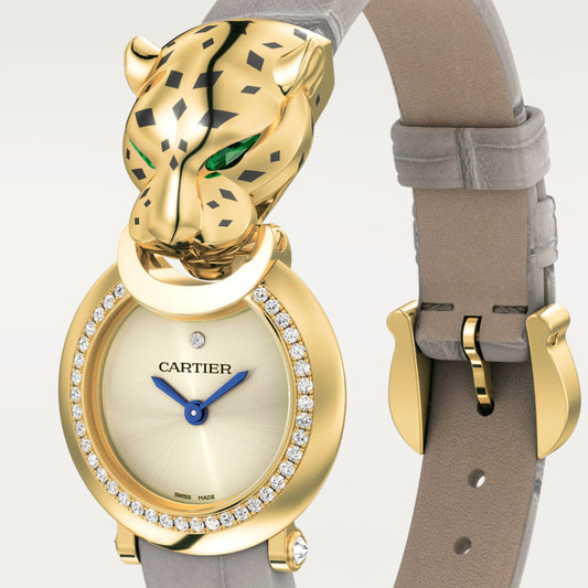 Cartier Panthére De Cartier Yellow Gold (Small Model) 22 MM - Grey Leather Strap - Diamond Bezel - Golden Dial - HPI01297