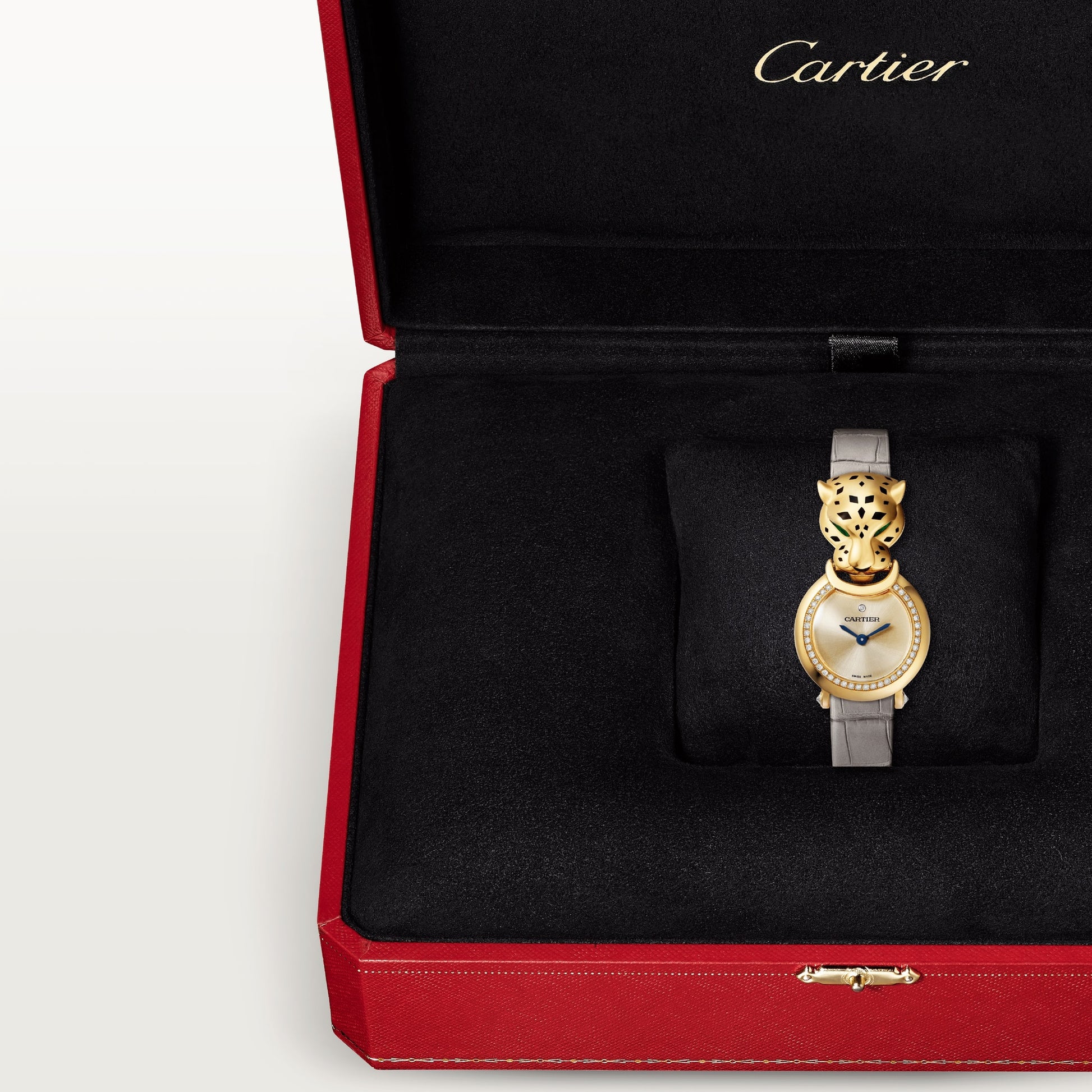 Cartier Panthére De Cartier Yellow Gold (Small Model) 22 MM - Grey Leather Strap - Diamond Bezel - Golden Dial - HPI01297