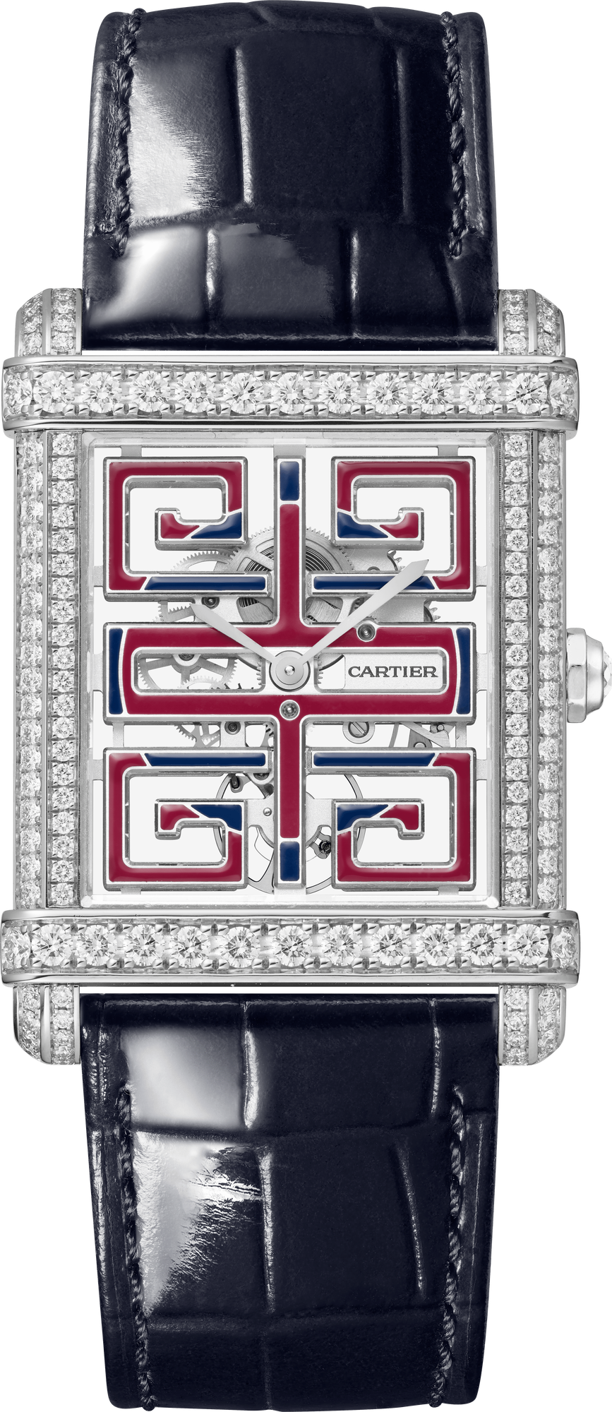 Cartier Tank Platinum Diamond (Large Model) 39 MM - Black Leather Strap - Platinum Diamond Bezel - White and Red Skeleton Bridges Dial - HPI01507