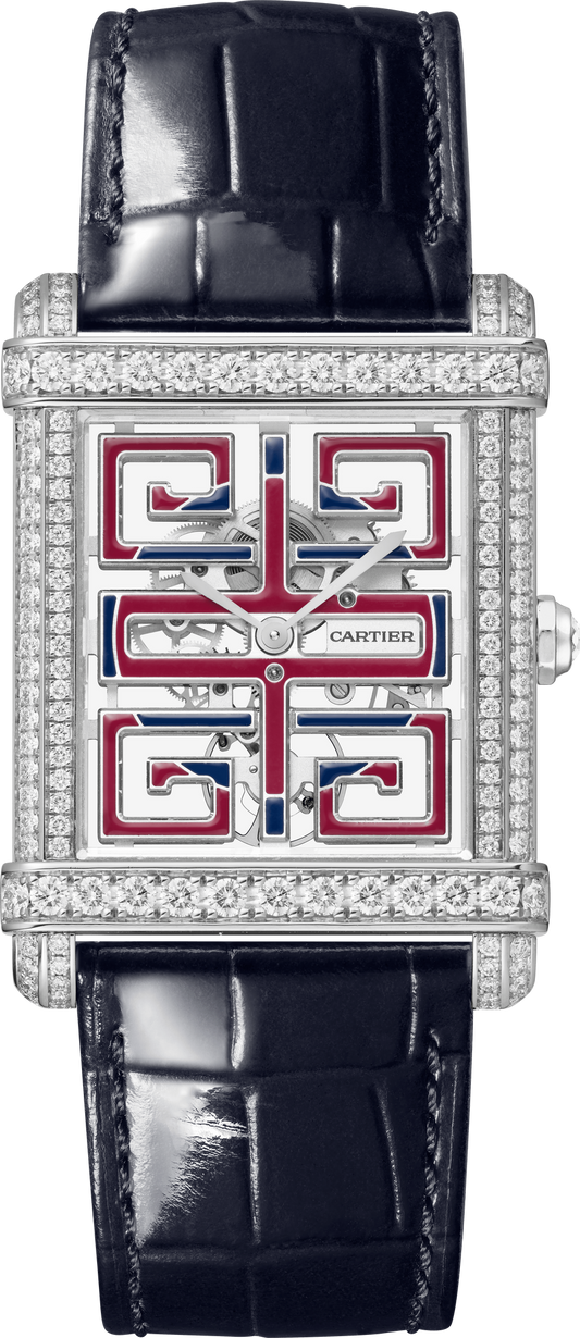 Cartier Tank Platinum Diamond (Large Model) 39 MM - Black Leather Strap - Platinum Diamond Bezel - White and Red Skeleton Bridges Dial - HPI01507