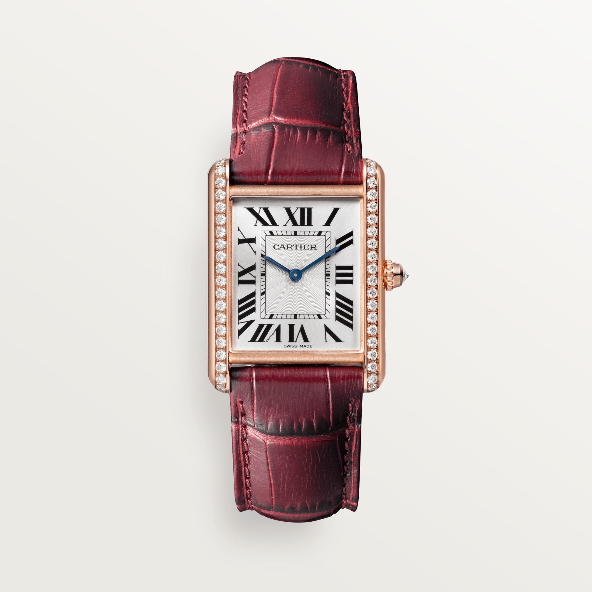 Cartier Tank Rose Gold (Large Model) 33 MM - Claret Leather Strap - Rose Gold Diamond Bezel - Silver Dial - WJTA0038