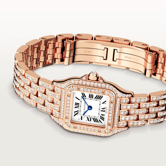 Cartier Panthére De Cartier Rose Gold Diamond (Small Model) 30 MM - Rose Gold Diamond Bracelet - Rose Gold Diamond Bezel - White Dial - HPI01131