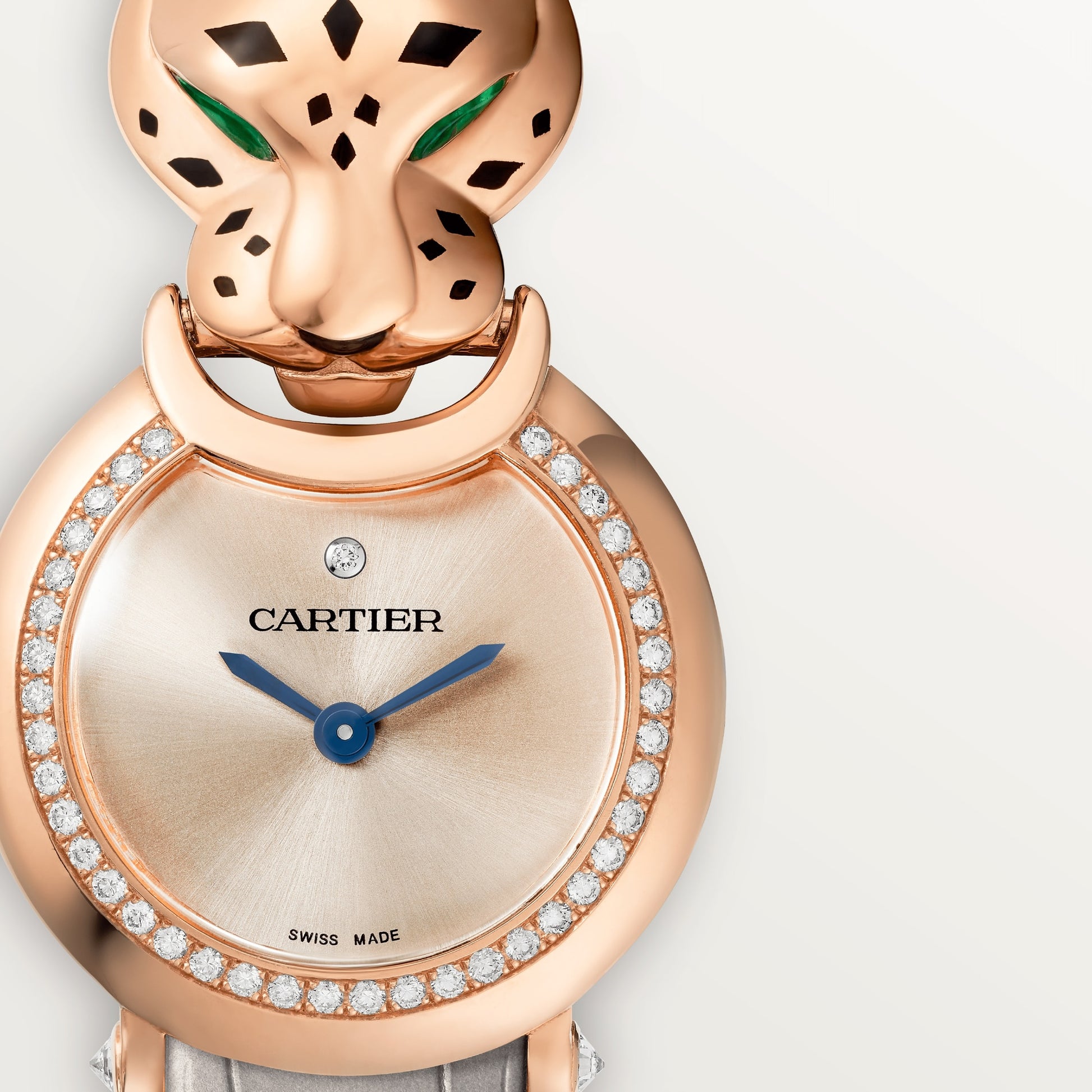 Cartier Panthére De Cartier Rose Gold (Small Model) 23 MM - Grey Leather Strap - Rose Gold Diamond Bezel - Pink Dial - HPI01379