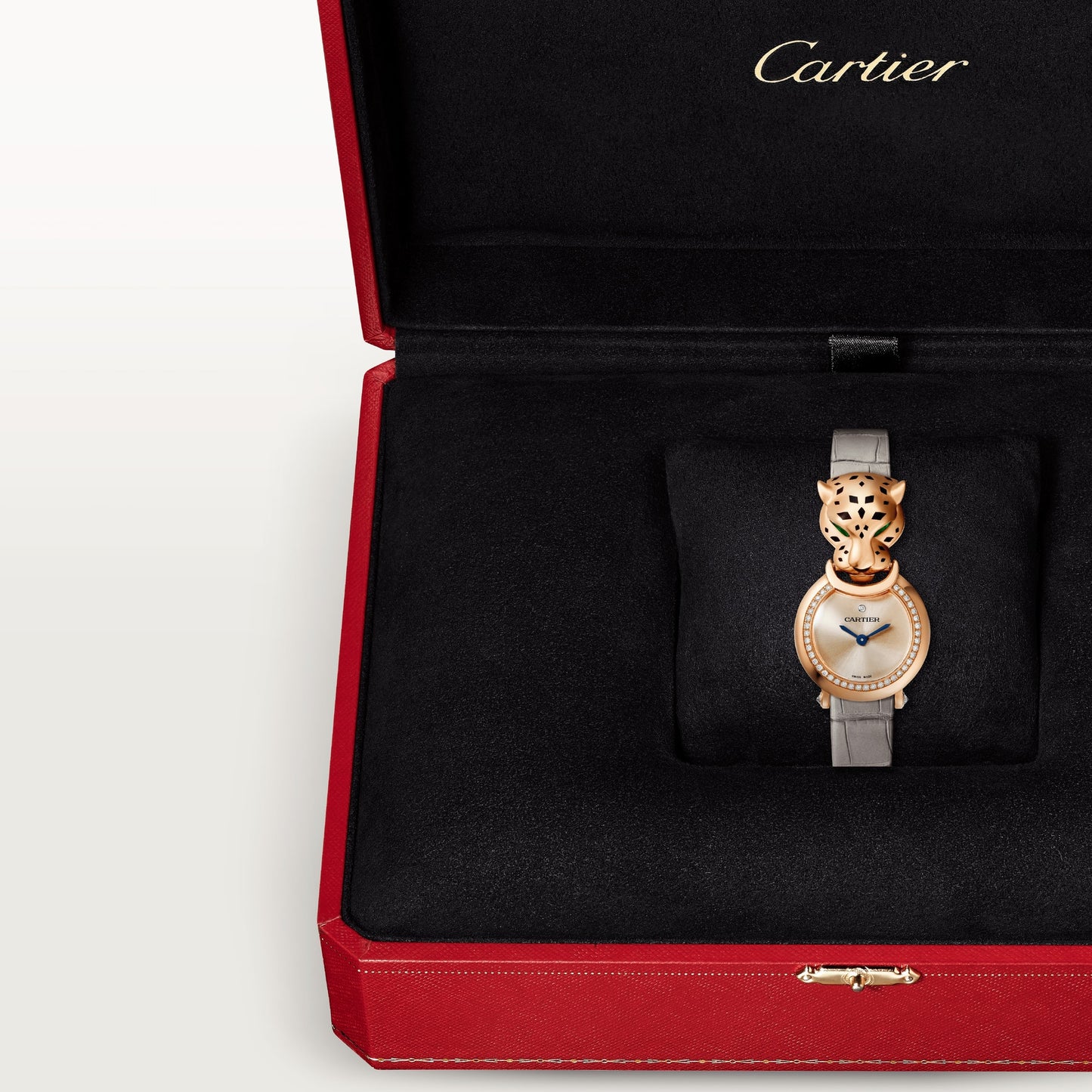 Cartier Panthére De Cartier Rose Gold (Small Model) 23 MM - Grey Leather Strap - Rose Gold Diamond Bezel - Pink Dial - HPI01379