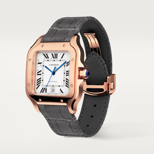 Cartier Santos de Cartier Rose Gold 39.8 MM (Large Model) - Grey Leather Strap - White Dial - WGSA0019