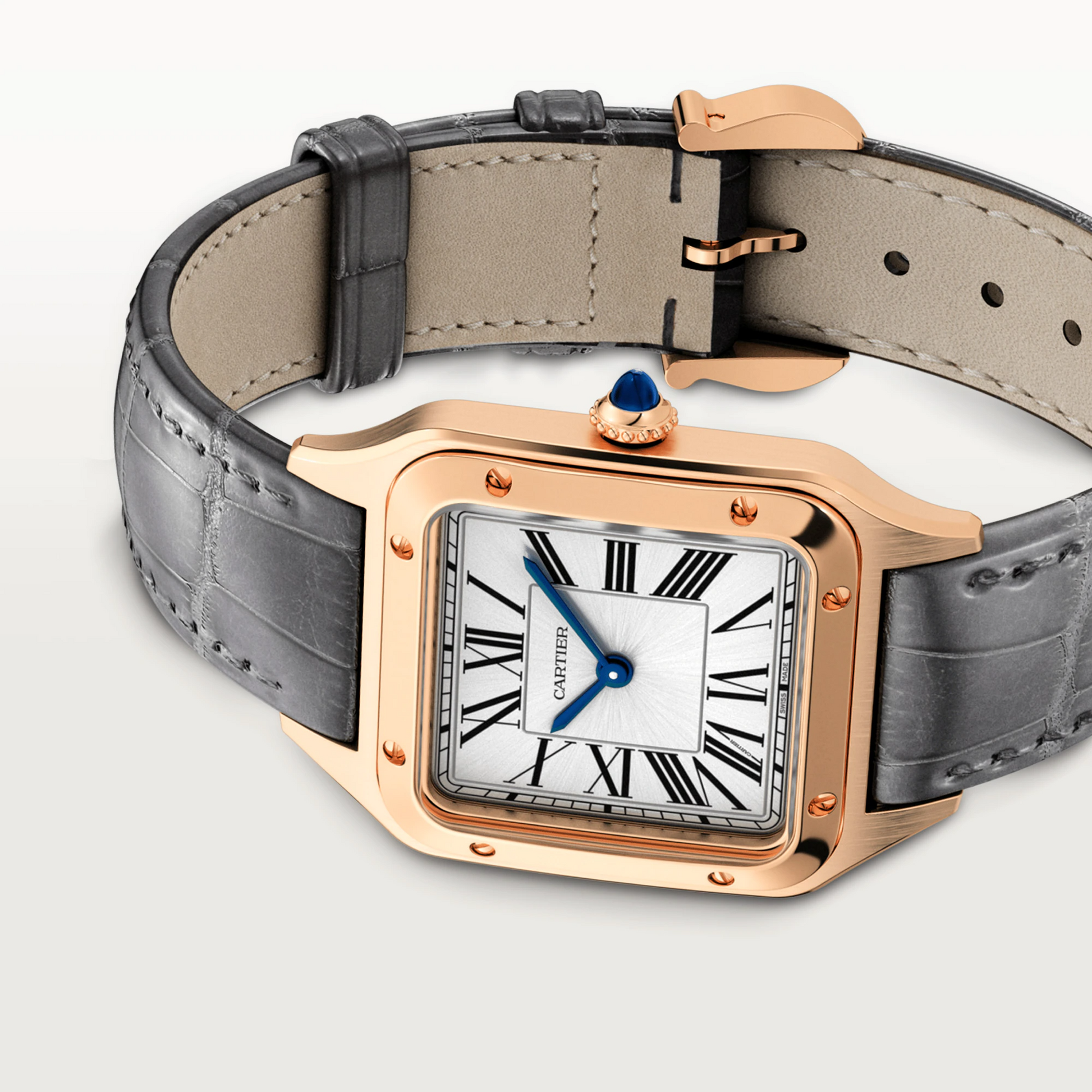 Cartier Santos de Cartier-Dumont Rose Gold 38 MM (Small Model) - Grey Leather Strap - Silver Dial - WGSA0022