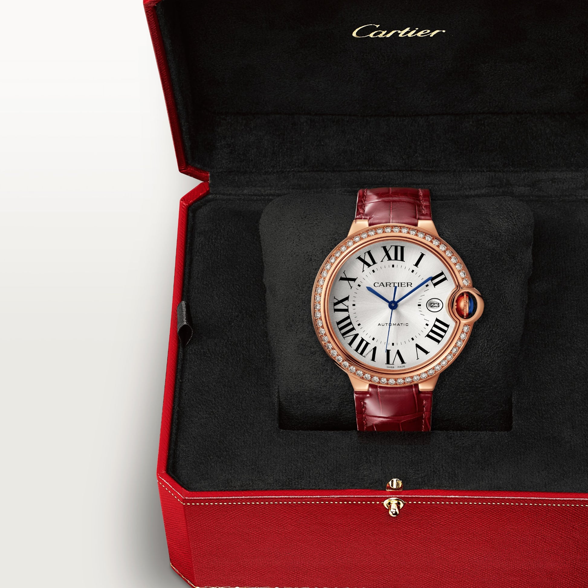 Cartier Ballon Bleu Rose Gold 42 MM - Burgundy Leather Strap - White Dial - WJBB0035