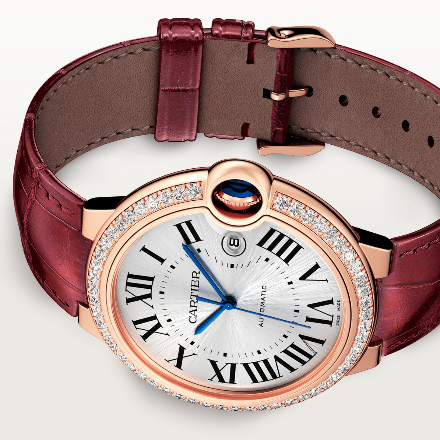 Cartier Ballon Bleu Rose Gold 42 MM - Burgundy Leather Strap - White Dial - WJBB0035