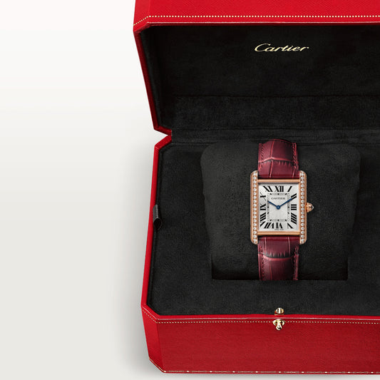 Cartier Tank Rose Gold (Large Model) 33 MM - Claret Leather Strap - Rose Gold Diamond Bezel - Silver Dial - WJTA0038