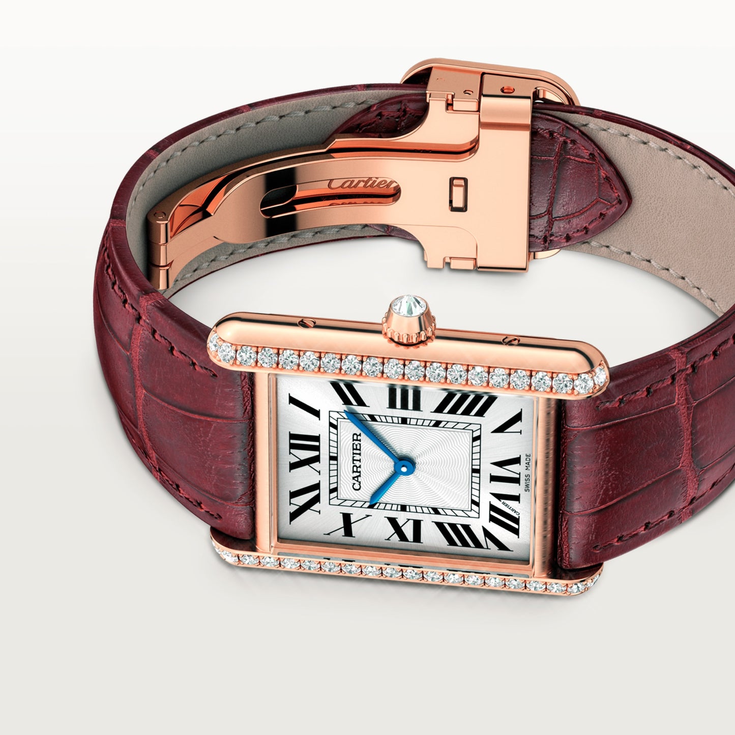 Cartier Tank Rose Gold (Large Model) 33 MM - Claret Leather Strap - Rose Gold Diamond Bezel - Silver Dial - WJTA0038