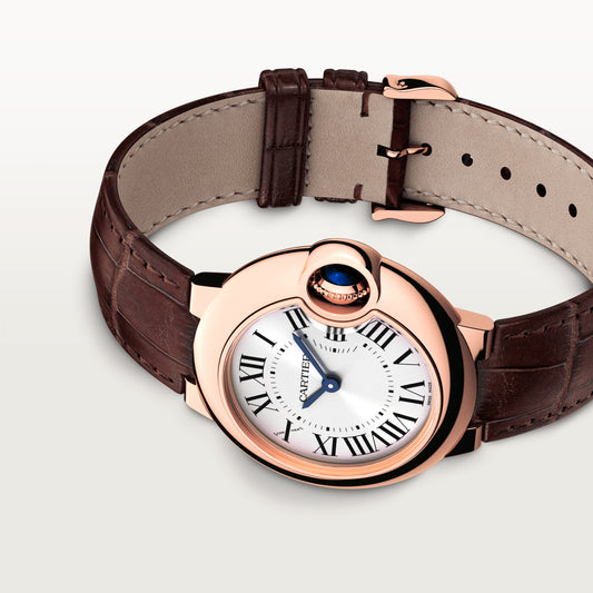 Cartier Ballon Bleu Pink Gold 28 MM - Brown Leather Strap - Silver Dial -WGBB0007