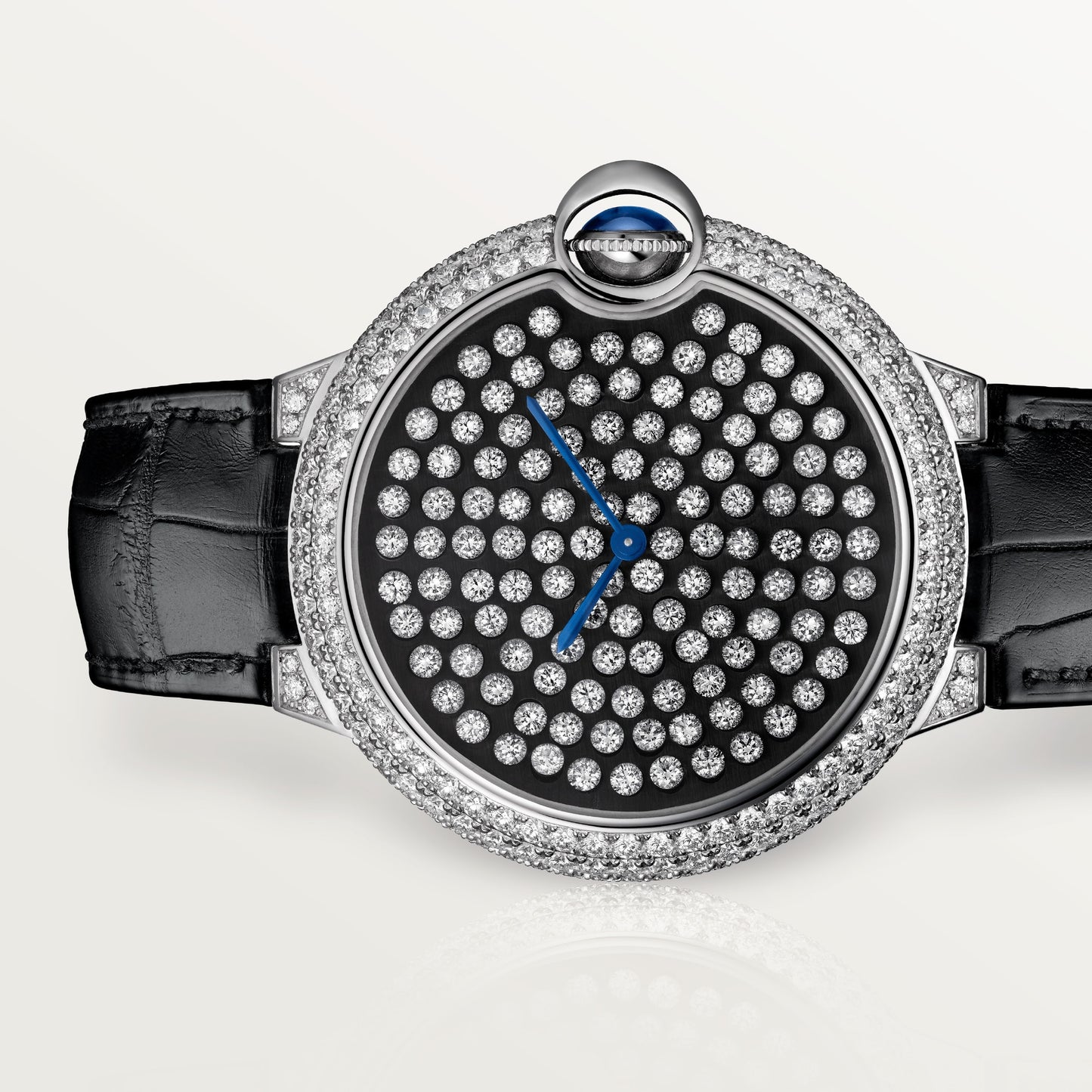 Cartier Ballon Bleu White Gold Diamond 42 MM - Black Leather Strap - Black Diamond Dial - HPI01062