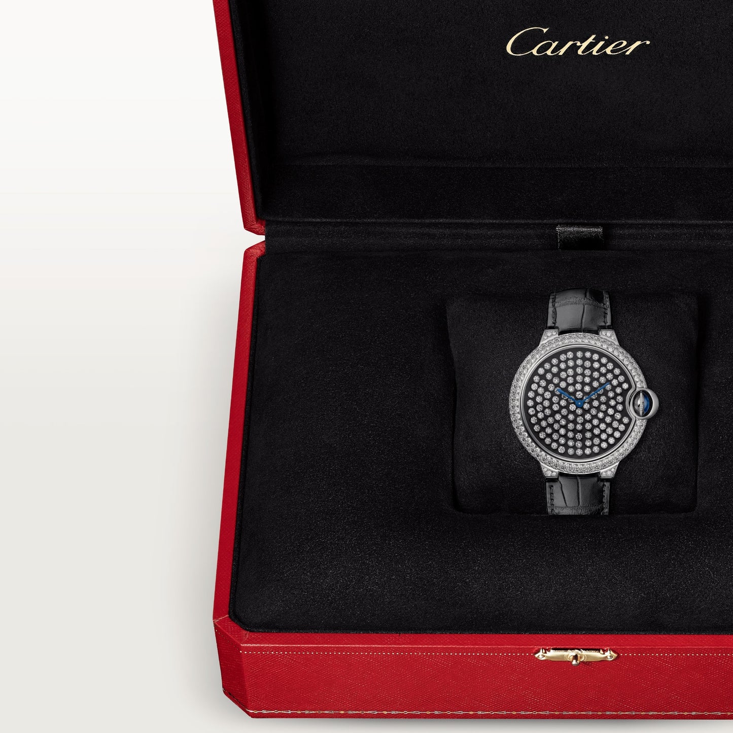 Cartier Ballon Bleu White Gold Diamond 42 MM - Black Leather Strap - Black Diamond Dial - HPI01062