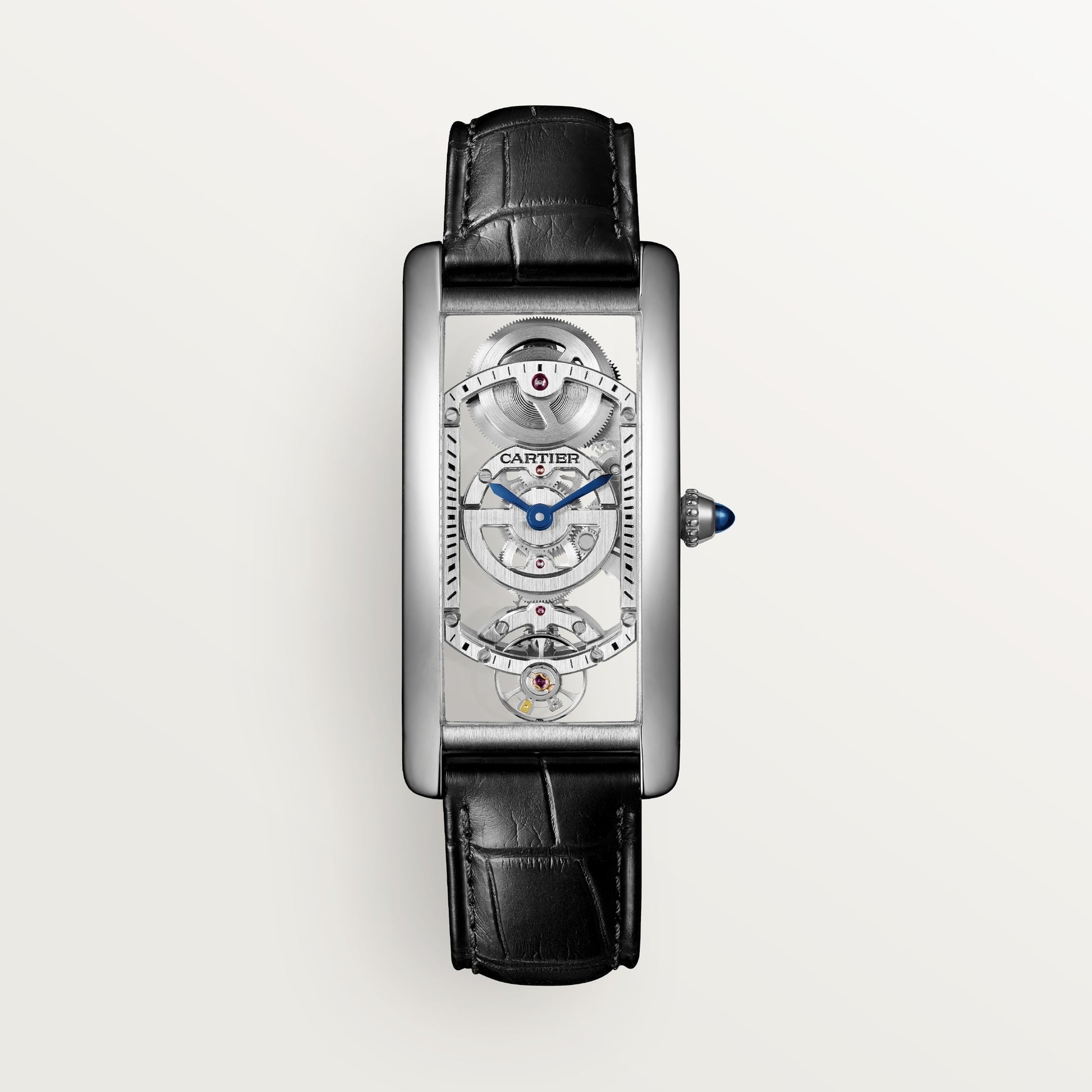 Cartier Tank Platinum (Large Model) 34 MM - Black Leather Strap - Platinum Bezel - Skeleton Dial - WHTA0009