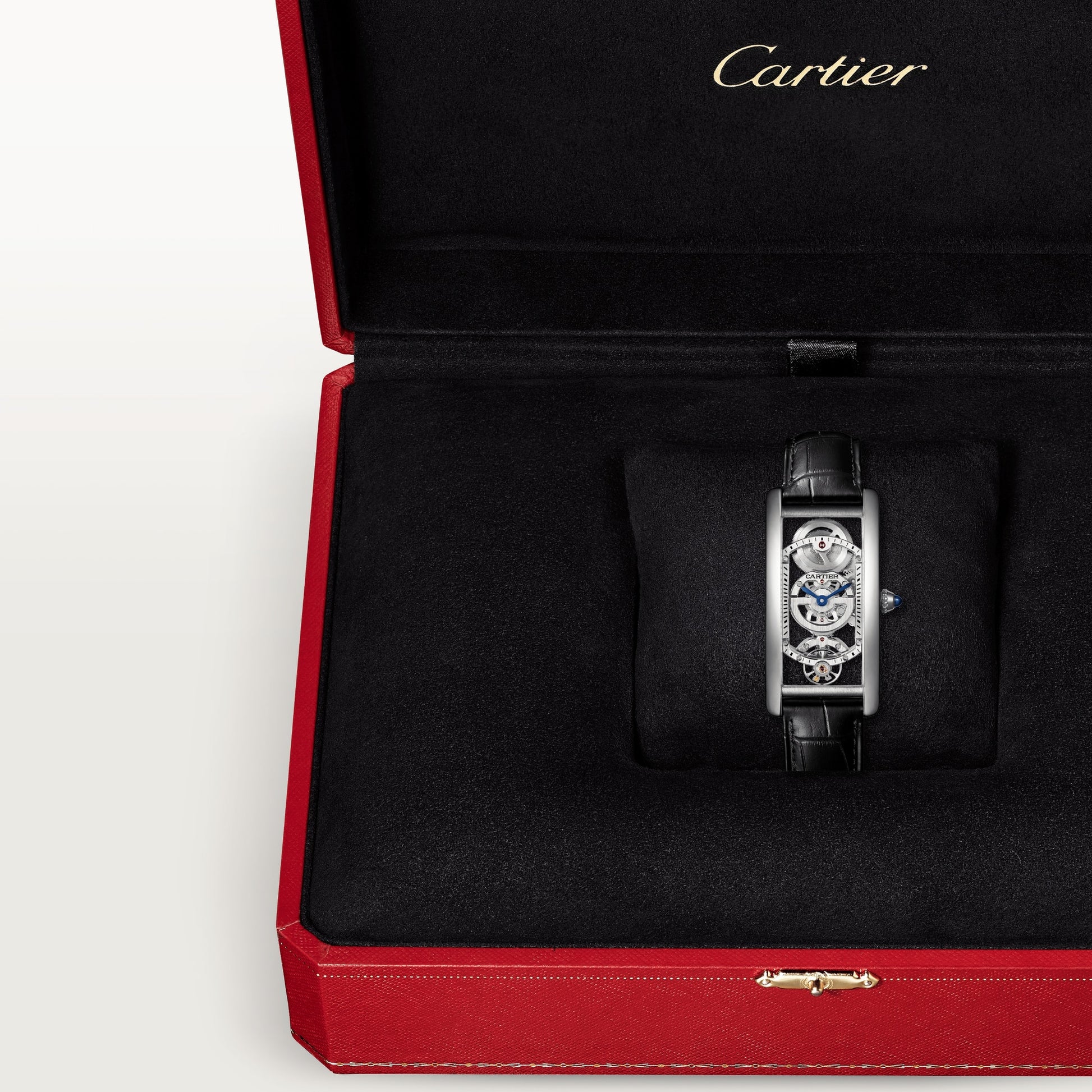 Cartier Tank Platinum (Large Model) 34 MM - Black Leather Strap - Platinum Bezel - Skeleton Dial - WHTA0009