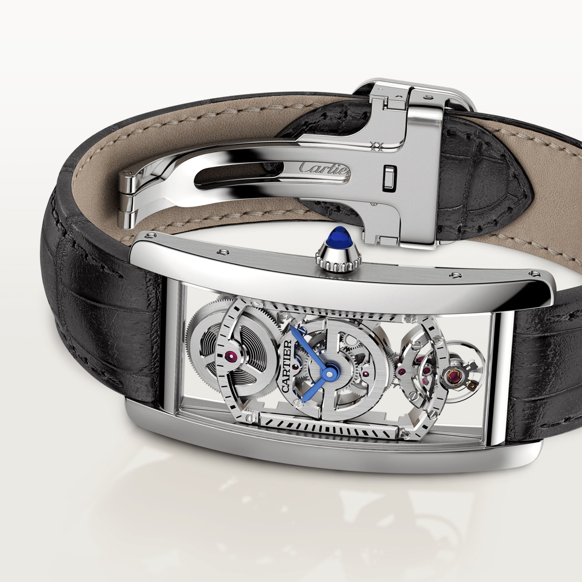 Cartier Tank Platinum (Large Model) 34 MM - Black Leather Strap - Platinum Bezel - Skeleton Dial - WHTA0009