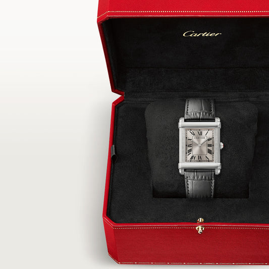 Cartier Tank Platinum (Large Model) 39 MM - Black Leather Strap - Platinum Bezel - Grey Sunray Dial - WGTA0074