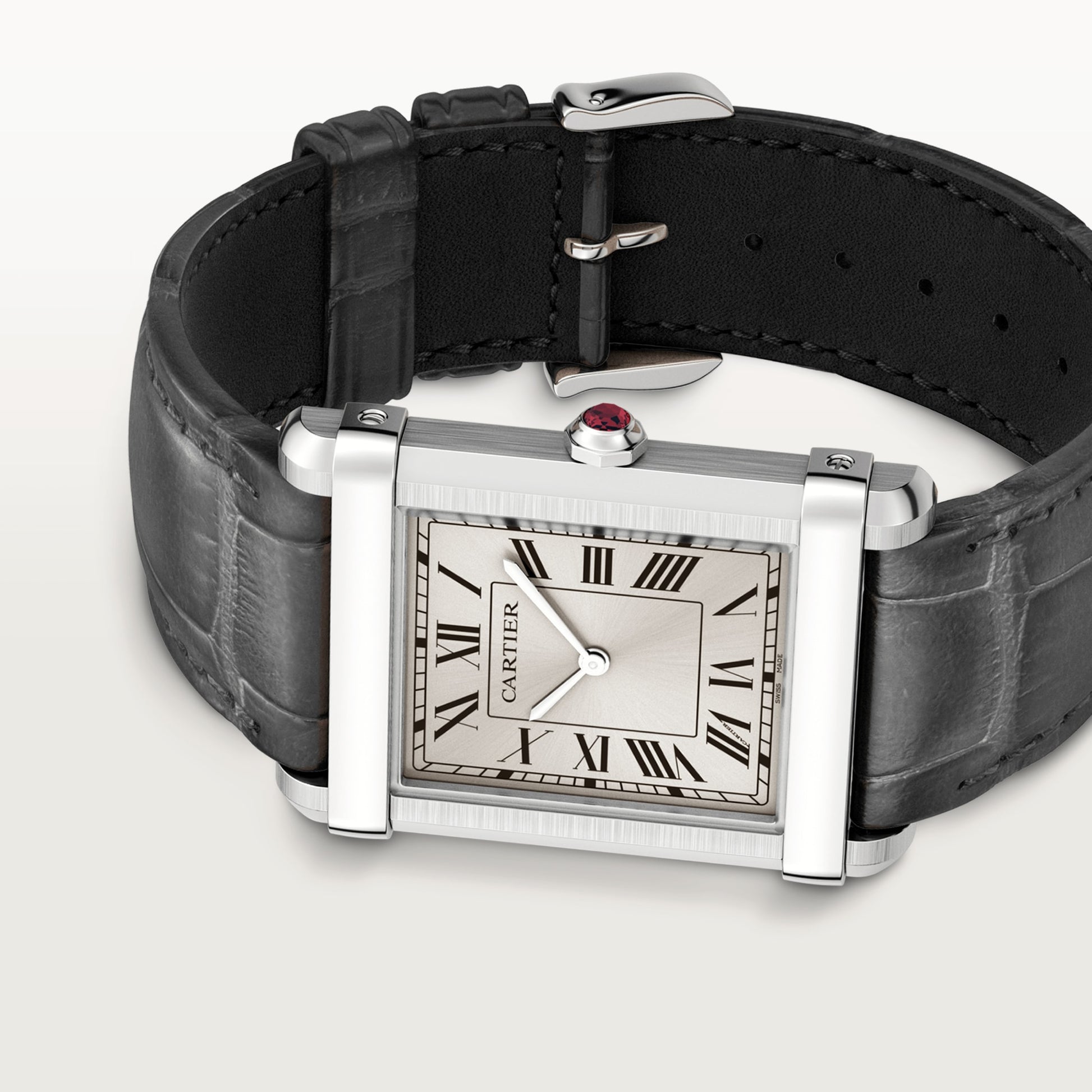 Cartier Tank Platinum (Large Model) 39 MM - Black Leather Strap - Platinum Bezel - Grey Sunray Dial - WGTA0074