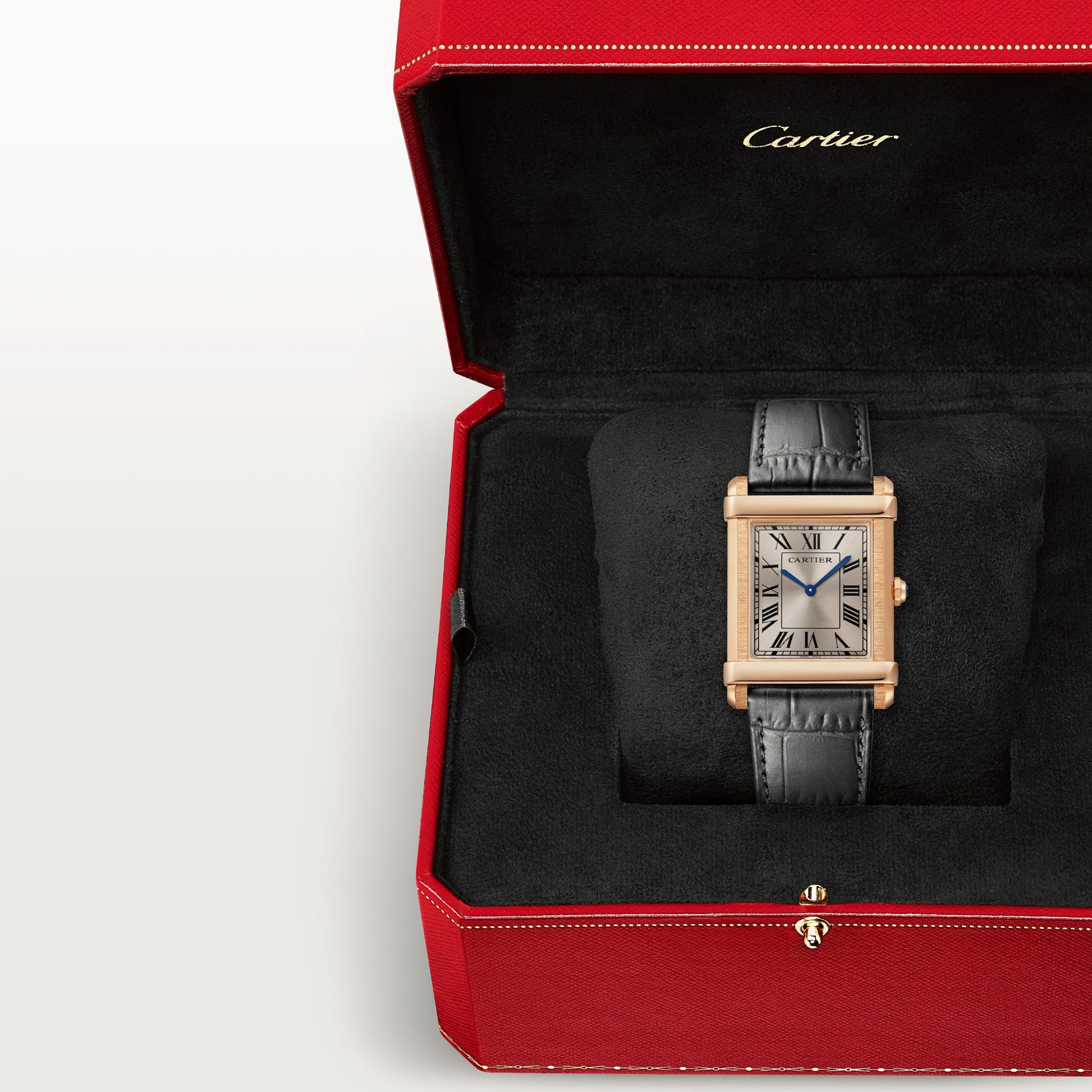 Cartier Tank Rose Gold (Large Model) 39 MM - Black Leather Strap - Rose Gold Bezel - Silver Dial - WGTA0075