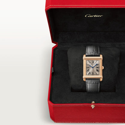 Cartier Tank Rose Gold (Large Model) 39 MM - Black Leather Strap - Rose Gold Bezel - Silver Dial - WGTA0075