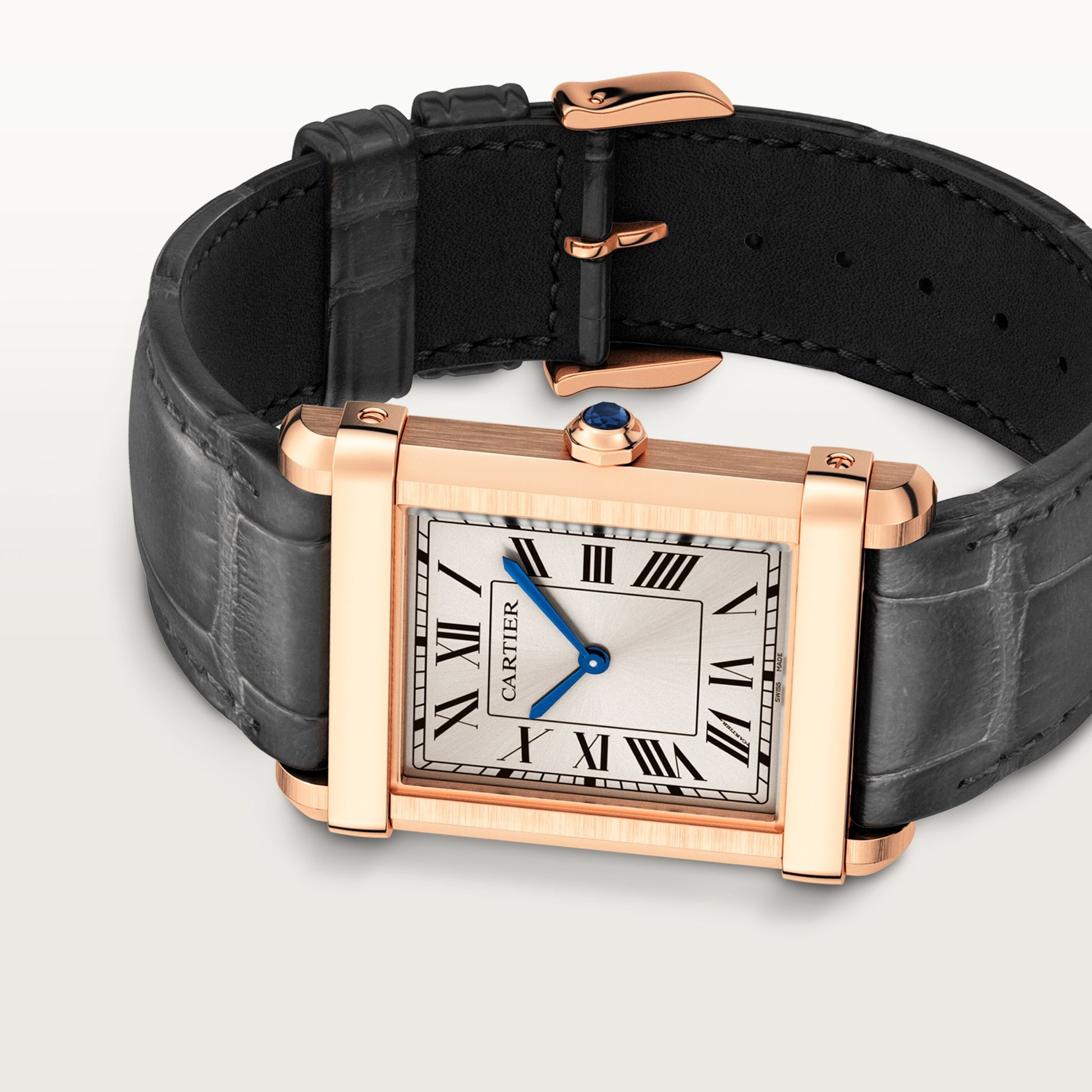 Cartier Tank Rose Gold (Large Model) 39 MM - Black Leather Strap - Rose Gold Bezel - Silver Dial - WGTA0075