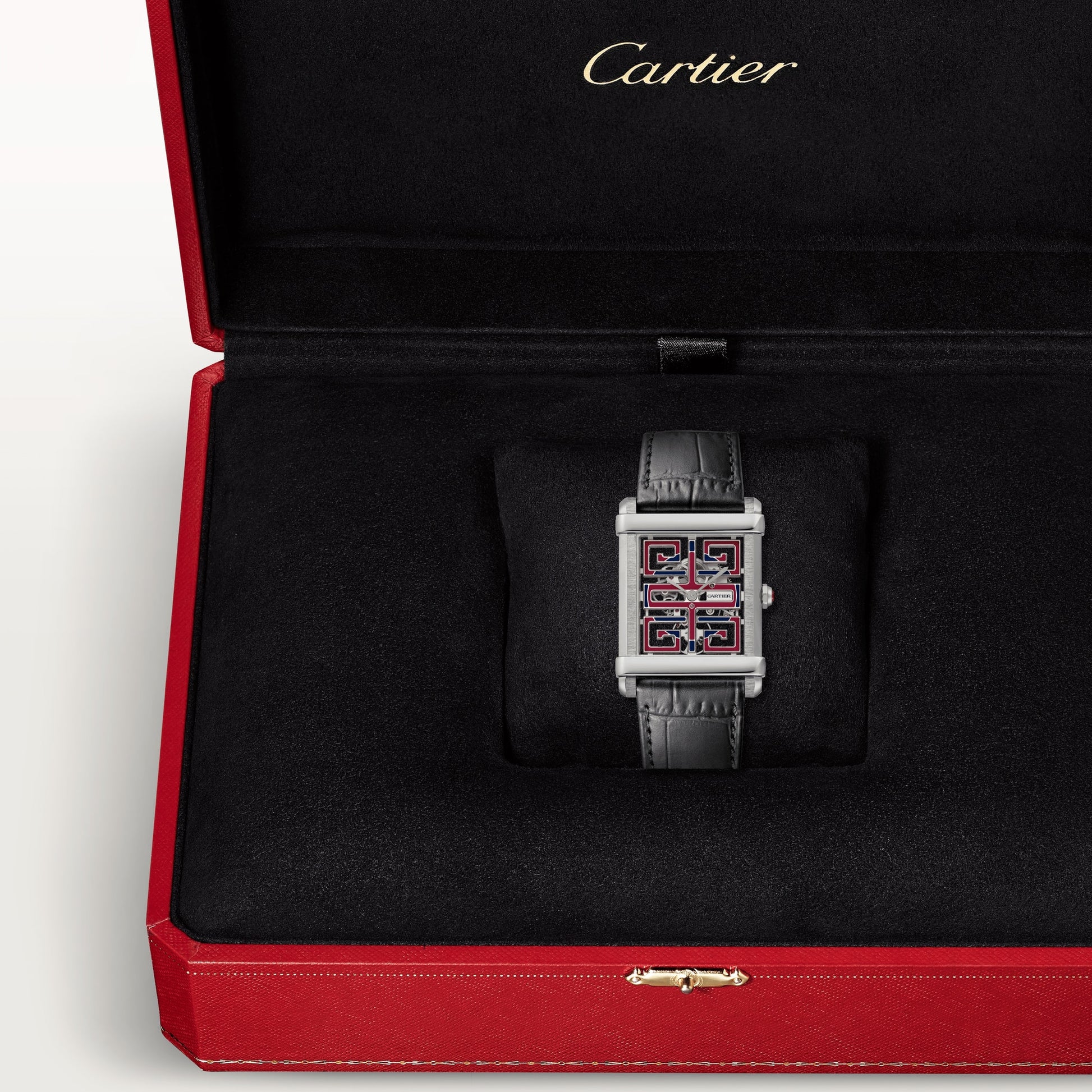 Cartier Tank Platinum (Large Model) 39 MM - Black Leather Strap - Platinum Bezel - White and Red Skeleton Bridges Dial - WHTA0015