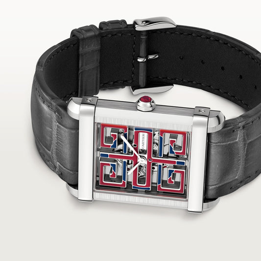 Cartier Tank Platinum (Large Model) 39 MM - Black Leather Strap - Platinum Bezel - White and Red Skeleton Bridges Dial - WHTA0015