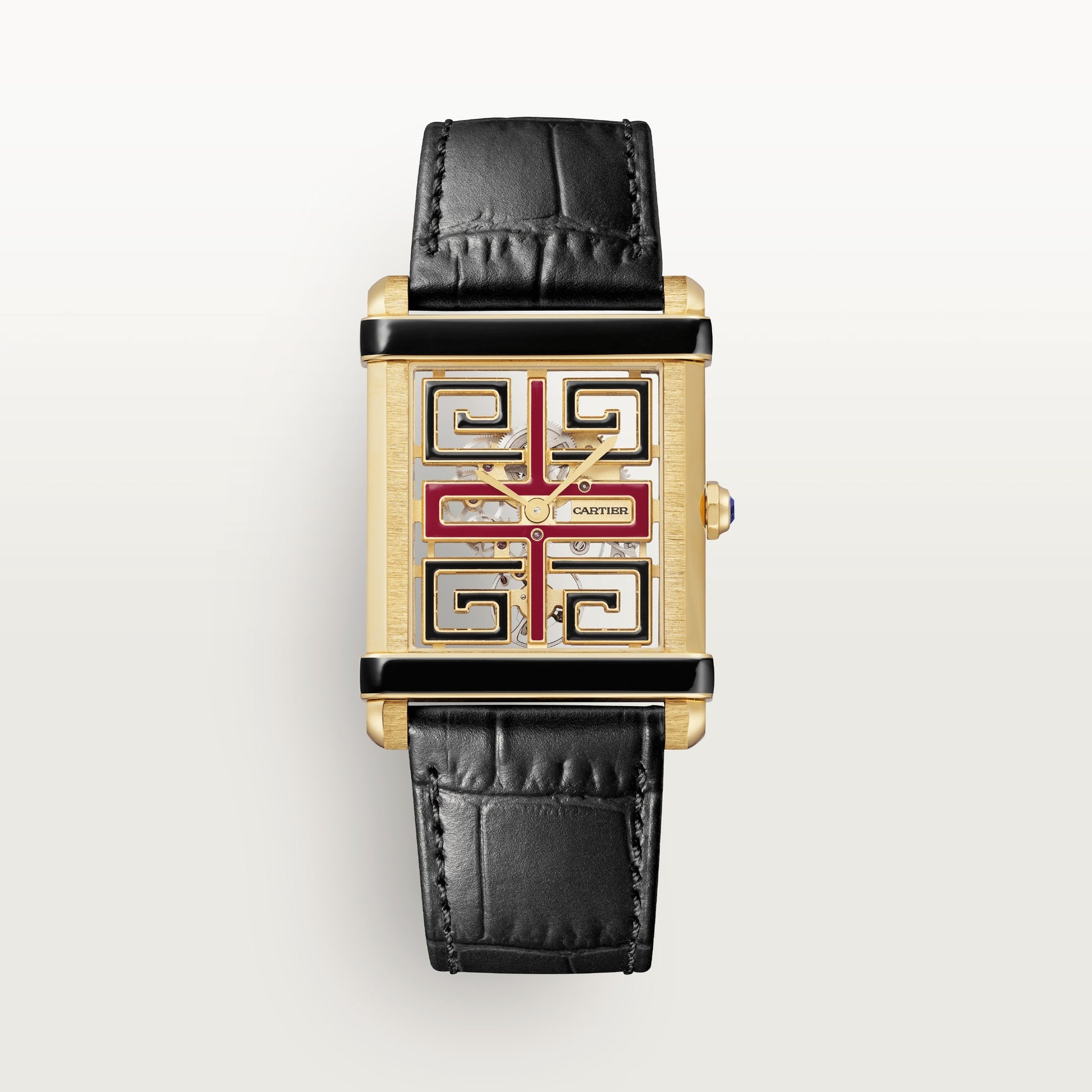 Cartier Tank Yellow Gold (Large Model) 39 MM - Black Leather Strap - Yellow Gold Bezel - Skeleton Dial - WHTA0016