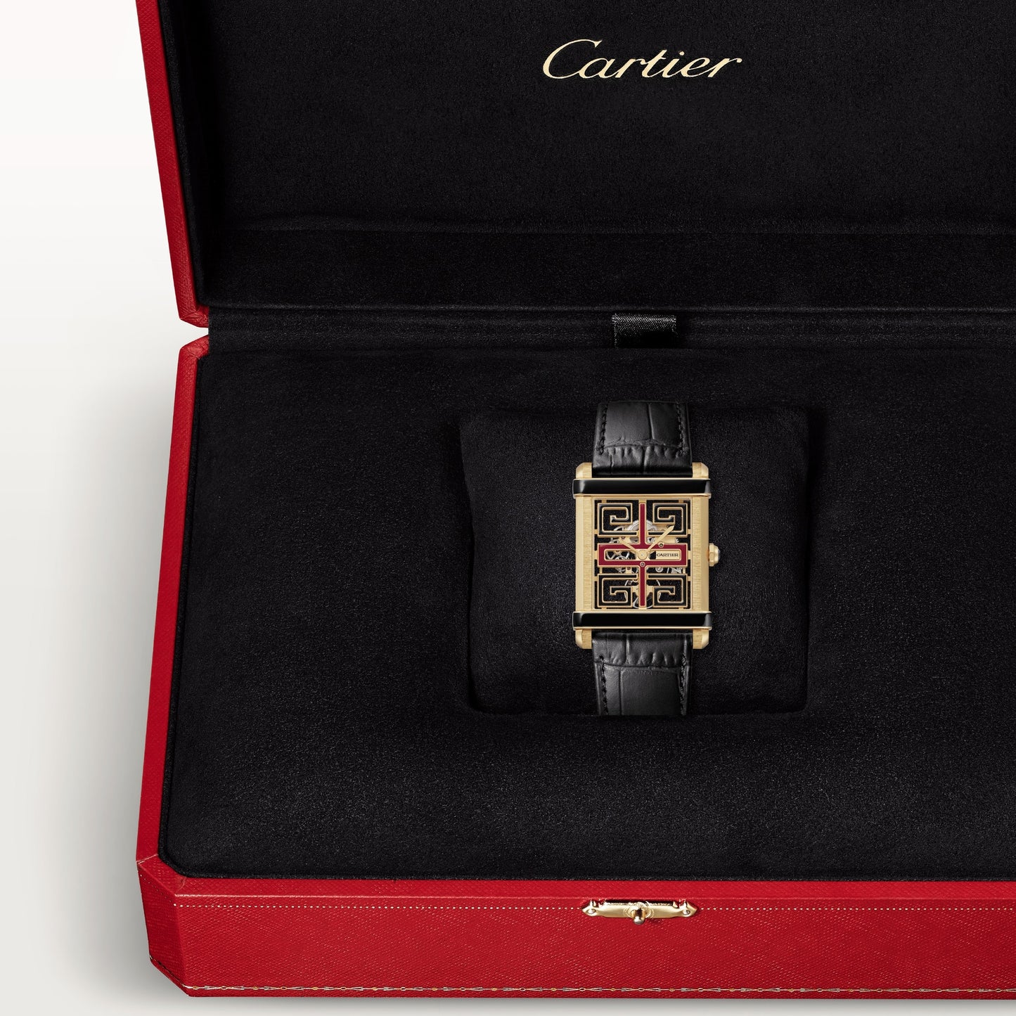 Cartier Tank Yellow Gold (Large Model) 39 MM - Black Leather Strap - Yellow Gold Bezel - Skeleton Dial - WHTA0016