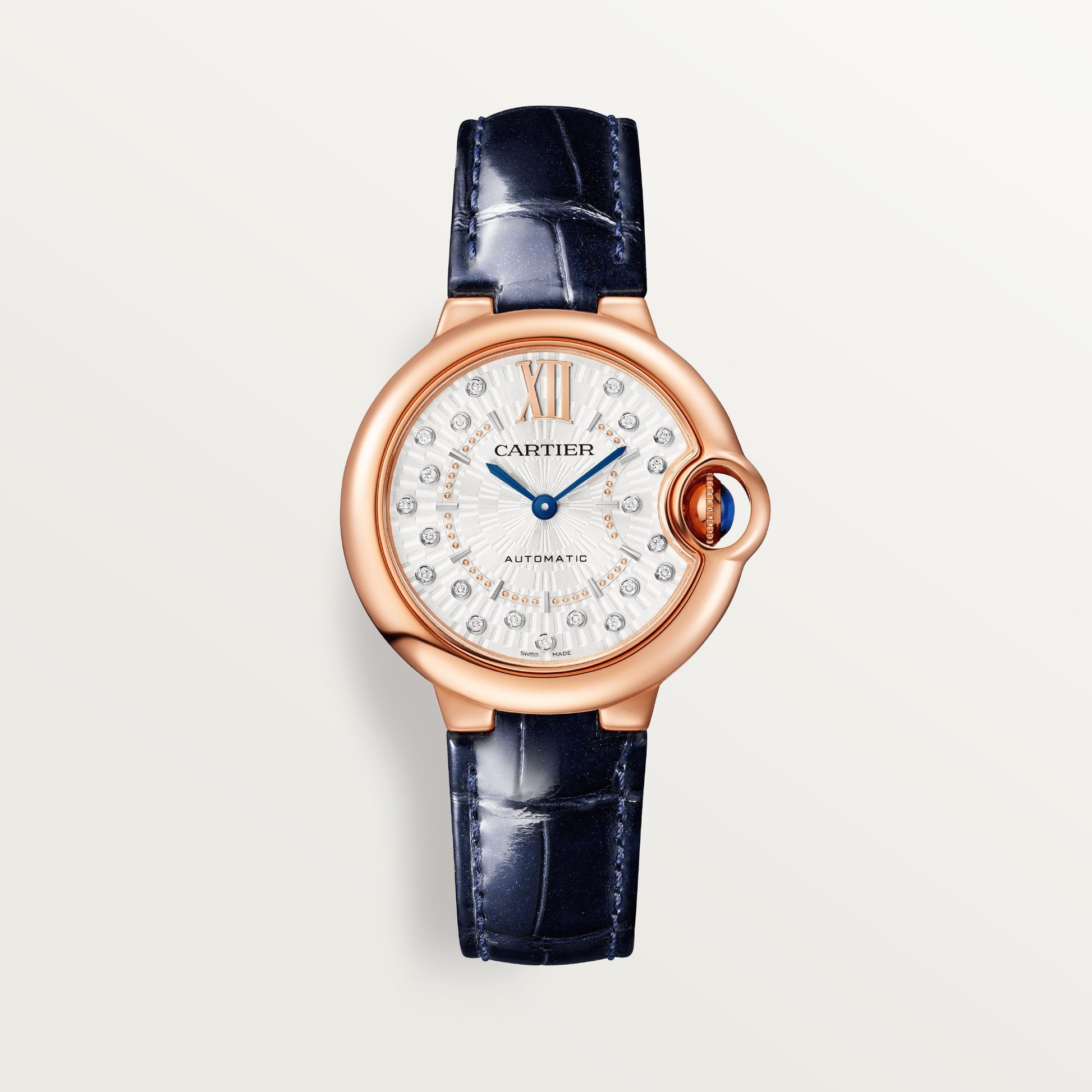 Cartier Ballon Bleu Rose Gold 33 MM - Blue Leather Strap - Silver Diamond Dial - WGBB0052