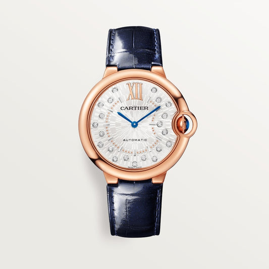 Cartier Ballon Bleu Rose Gold 36 MM - Blue Leather Strap - Silver Diamond Dial - WGBB0053