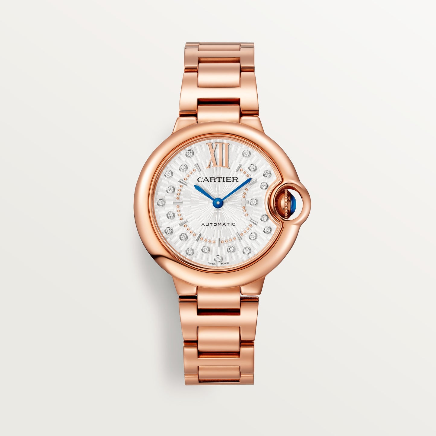 Cartier Ballon Bleu Rose Gold 33 MM - Rose Gold Bracelet - Silver Diamond Dial - WGBB0054