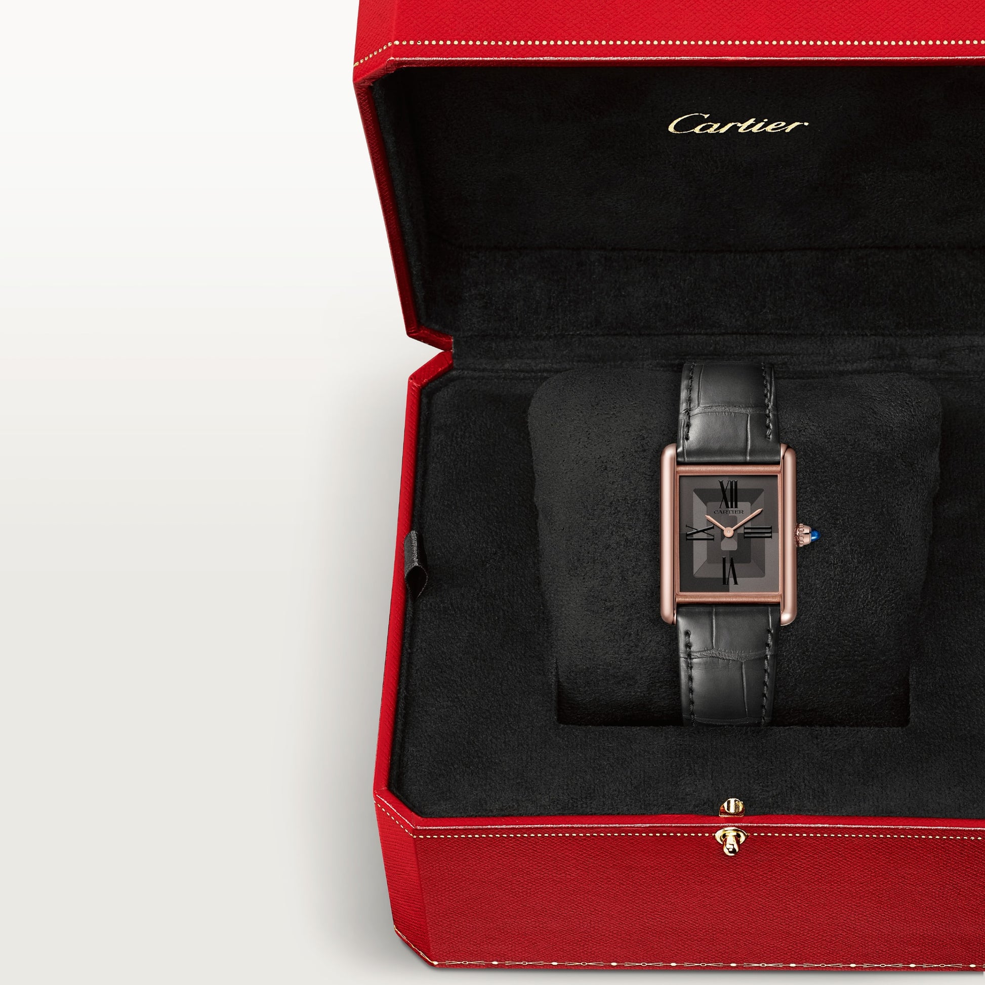 Cartier Tank Rose Gold  (Large Model) 33 MM - Black Leather Strap - Rose Gold Bezel - Black Dial - WGTA0092