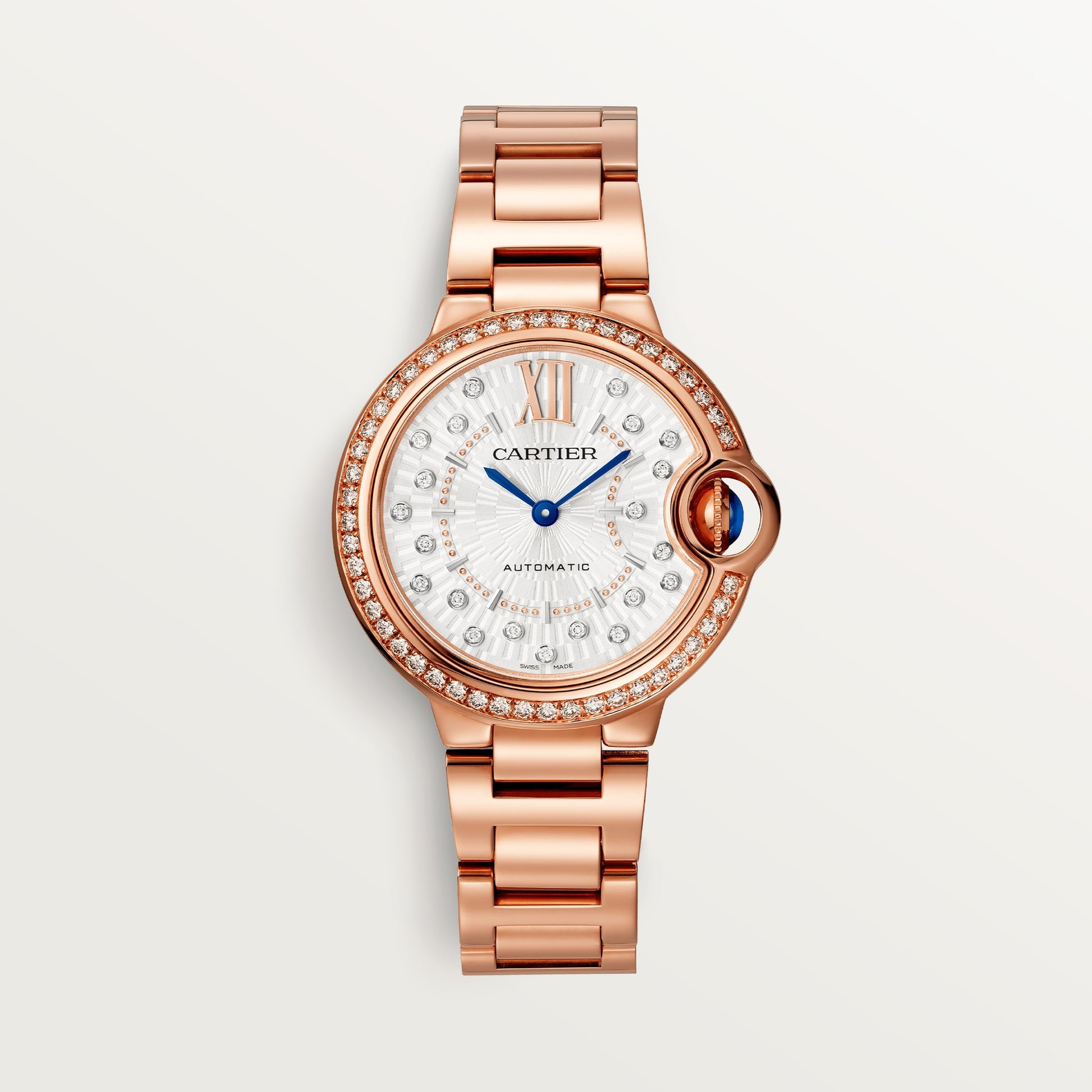 Cartier Ballon Bleu Rose Gold 33 MM - Rose Gold Bracelet - Silver Diamond Dial - WJBB0082