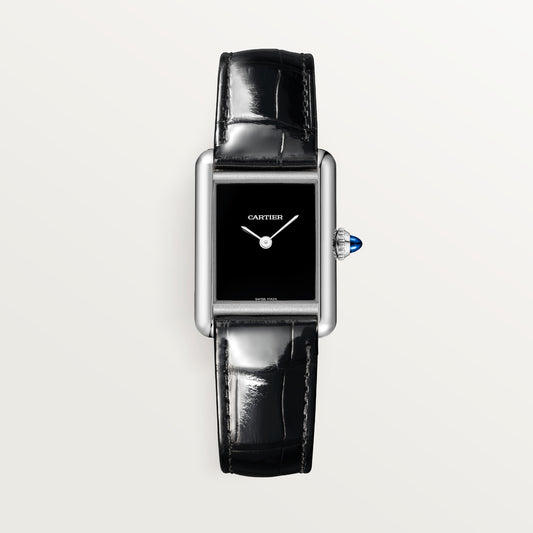 Cartier Tank Stainless Steel (Small Model) 22 MM - Black Leather Strap - Stainless Steel Bezel - Black Dial - WSTA0071