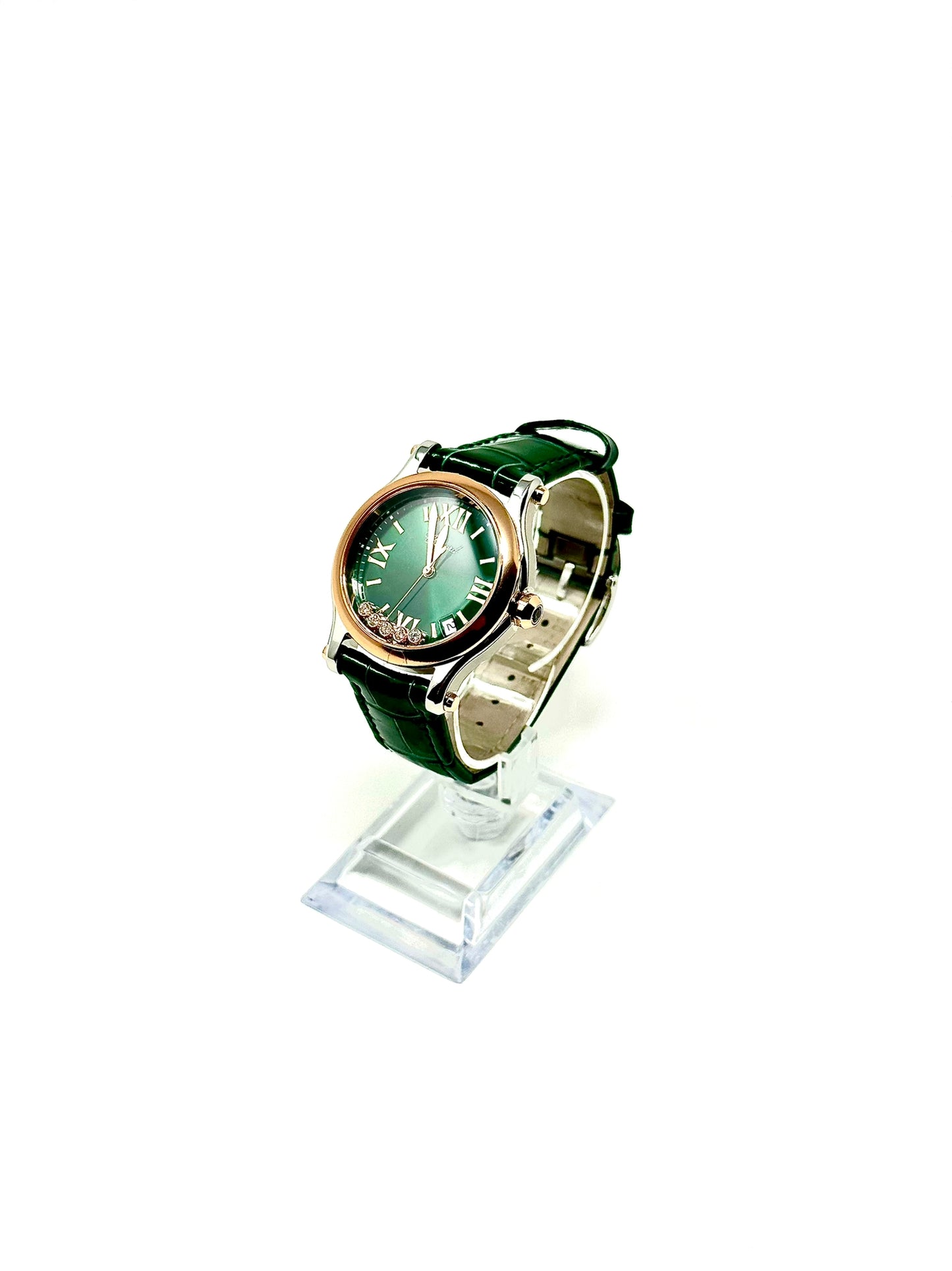 Chopard Happy Sport Stainless Steel and Rose Gold 36 MM - Green Leather Strap - Rose Gold Bezel - Green Floating Diamond Dial - 278582-6005