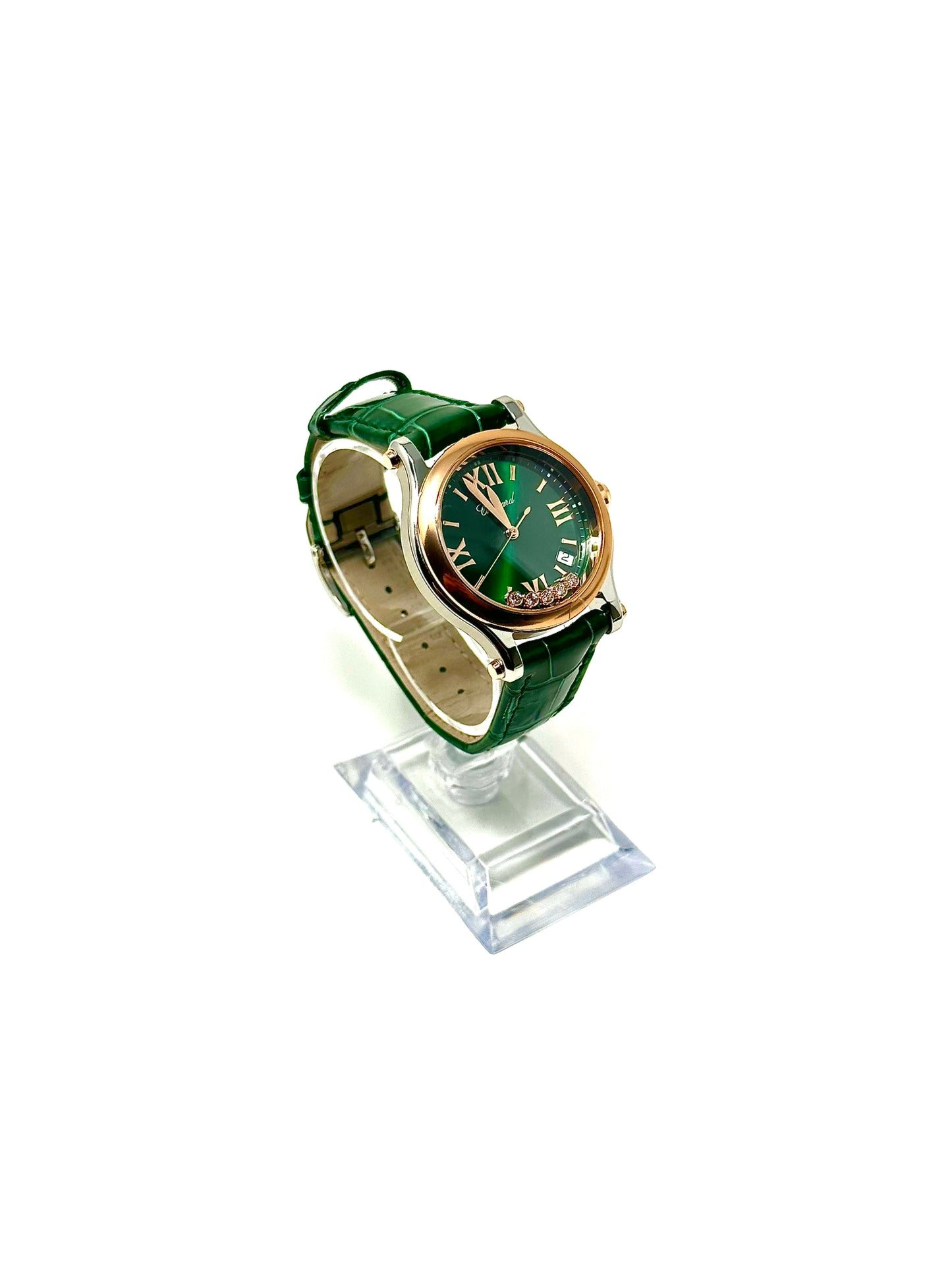 Chopard Happy Sport Stainless Steel and Rose Gold 36 MM - Green Leather Strap - Rose Gold Bezel - Green Floating Diamond Dial - 278582-6005