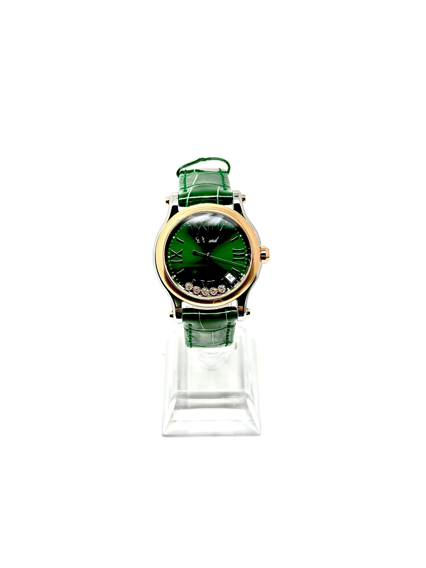 Chopard Happy Sport Stainless Steel and Rose Gold 36 MM - Green Leather Strap - Rose Gold Bezel - Green Floating Diamond Dial - 278582-6005