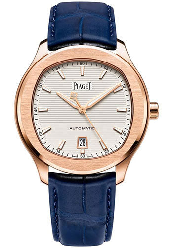 Piaget Polo - Rose Gold 42 MM - Blue Leather Strap - White Dial - Rose Gold Bezel - G0A43010