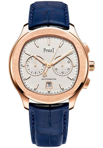 Piaget Polo Chronograph - Rose Gold 42 MM - Blue Leather Strap - White Dial - Rose Gold Bezel - G0A43011