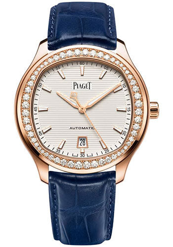 Piaget Polo - Rose Gold Diamond 42 MM - Blue Leather Strap - White Dial - Rose Gold Diamond Bezel - G0A44010