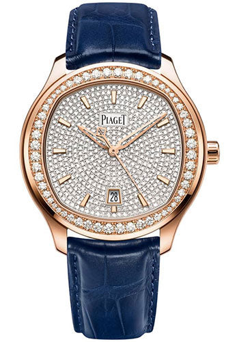 Piaget Polo - Rose Gold Diamond 42 MM - Blue Leather Strap - White Diamond Dial - Rose Gold Diamond Bezel - G0A44011