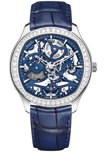 Piaget Polo - White Gold Diamond 42 MM - Blue Leather Strap - Skeleton Dial - Diamond Bezel - G0A46010