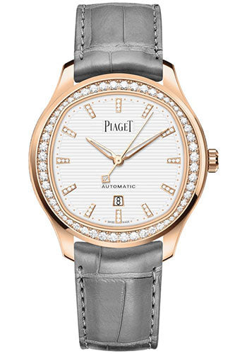 Piaget Polo - Rose Gold Diamond 36 MM - Grey Leather Strap - White Dial - Rose Gold Diamond Bezel - G0A46023