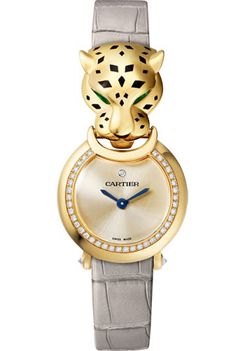 Cartier Panthére De Cartier Yellow Gold (Small Model) 22 MM - Grey Leather Strap - Diamond Bezel - Golden Dial - HPI01297